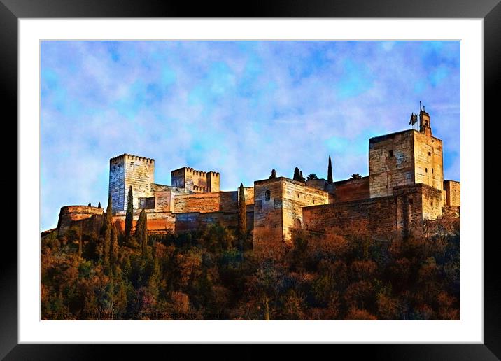Alhambra from Albaicin, Granada, watercolour effect Framed Mounted Print by Paul Boizot