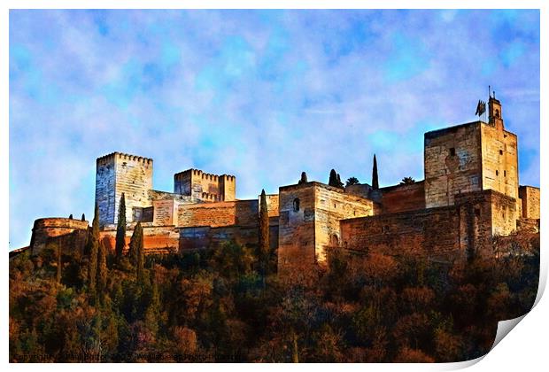 Alhambra from Albaicin, Granada, watercolour effect Print by Paul Boizot