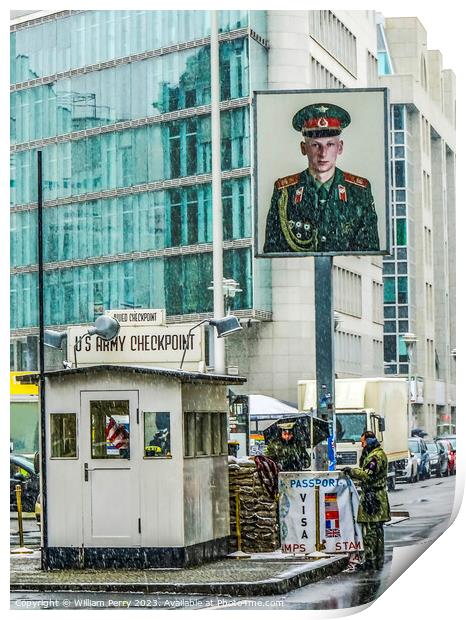 Checkpoint Charlie Today Snowing West Berlin Germany Print by William Perry