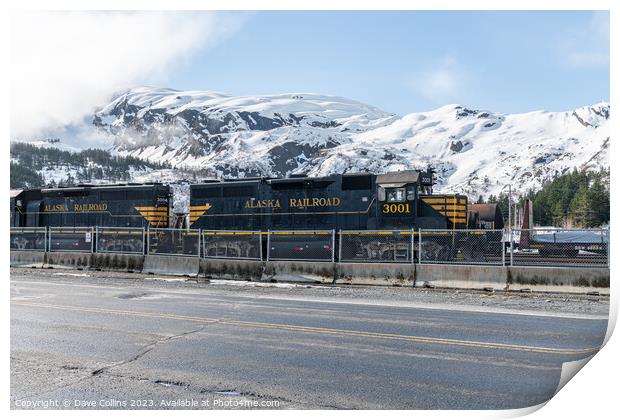 Alaska Railroad Locomotive 3001 with snow covered mountains behind, Whittier, Alaska, USA Print by Dave Collins