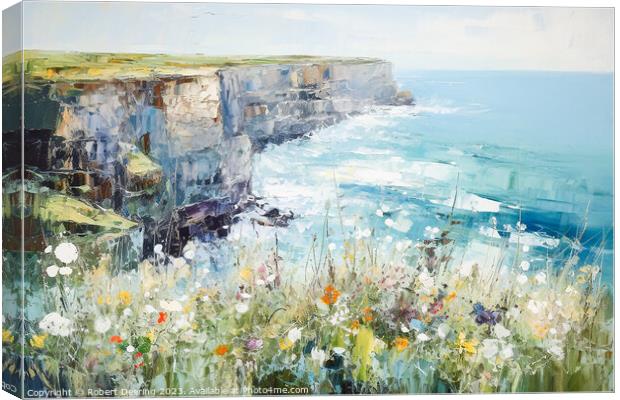 Wildflower Cliffside, Calm Seas Canvas Print by Robert Deering