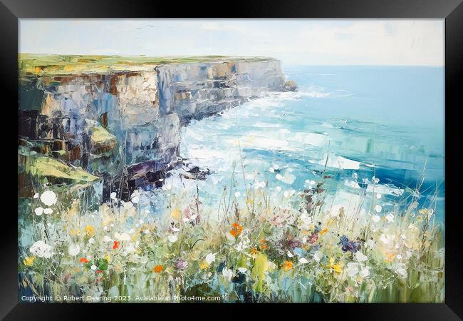 Wildflower Cliffside, Calm Seas Framed Print by Robert Deering