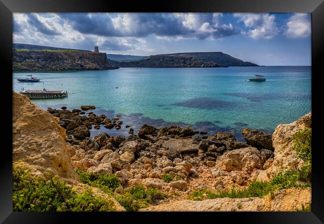 Rocky Shore of Golden Bay in Malta Framed Print by Artur Bogacki