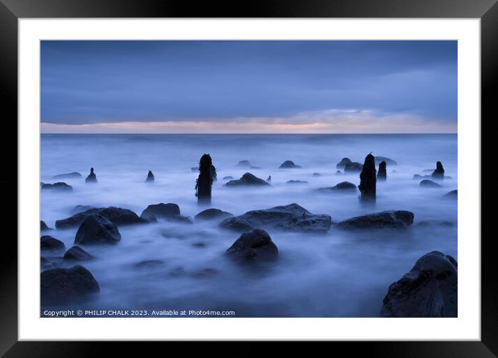 Ghostly groynes at dawn  on chemical beach Seaham 915  Framed Mounted Print by PHILIP CHALK