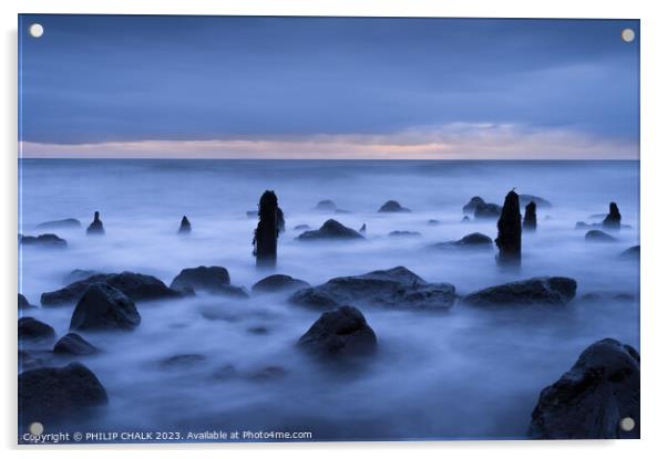 Ghostly groynes at dawn  on chemical beach Seaham 915  Acrylic by PHILIP CHALK