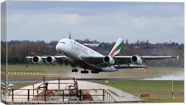 Emirates Airbus A380A Taking Off Canvas Print by Stephen Thomas Photography 