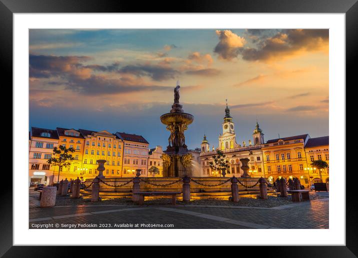 Historic center of Ceske Budejovice at night, Budweis, Budvar, S Framed Mounted Print by Sergey Fedoskin