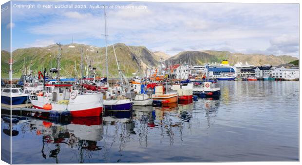 Fishing Boats in Honningsvar Harbour Norway pano Canvas Print by Pearl Bucknall