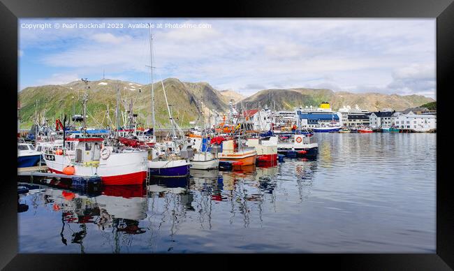 Fishing Boats in Honningsvar Harbour Norway pano Framed Print by Pearl Bucknall