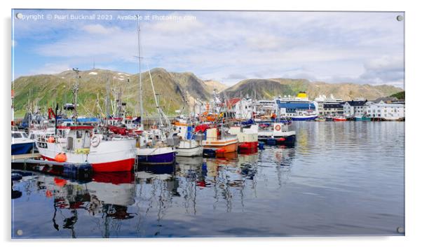 Fishing Boats in Honningsvar Harbour Norway pano Acrylic by Pearl Bucknall