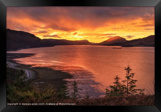 Loch Carron Fiery Sunset Wester Ross Scotland. Framed Print by Barbara Jones