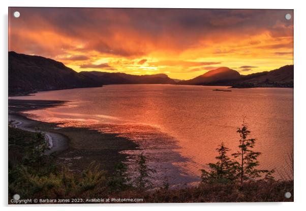 Loch Carron Fiery Sunset Wester Ross Scotland. Acrylic by Barbara Jones