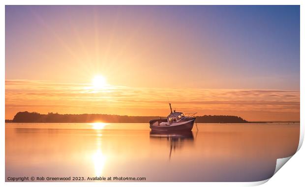 Lone boat at sunset Print by Rob Greenwood