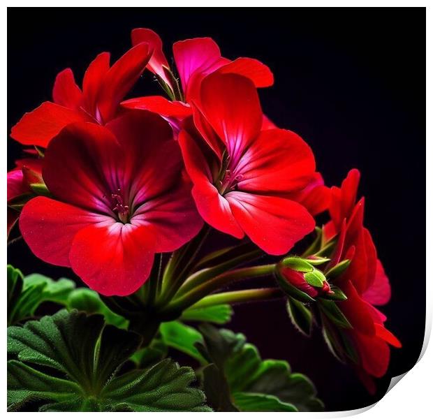 Geraniums with a black background  Print by Paddy 