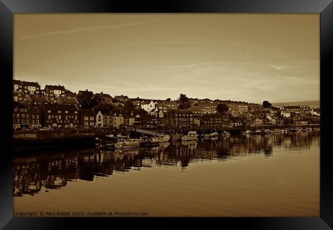 Whitby river reflections, sepia Framed Print by Paul Boizot