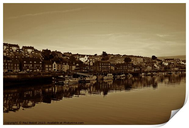 Whitby river reflections, sepia Print by Paul Boizot