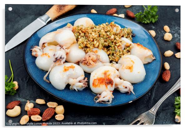 Grilled calamari squid with nuts. Acrylic by Mykola Lunov Mykola