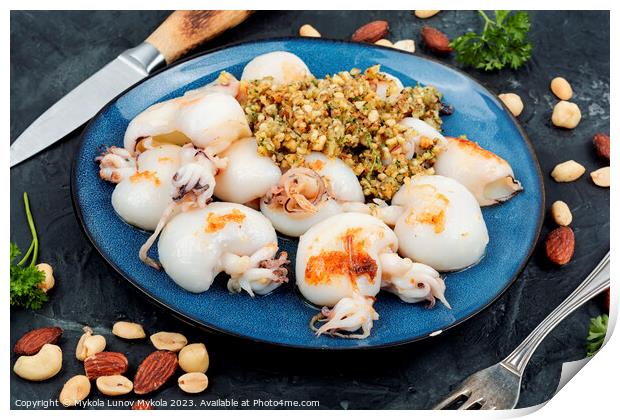 Grilled calamari squid with nuts. Print by Mykola Lunov Mykola
