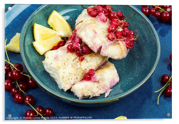 fried cod fillet with berries, seafood. Acrylic by Mykola Lunov Mykola