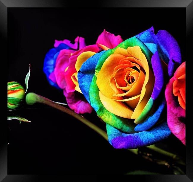 A stunning rainbow rose with a black back ground  Framed Print by Paddy 