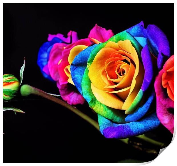 A stunning rainbow rose with a black back ground  Print by Paddy 