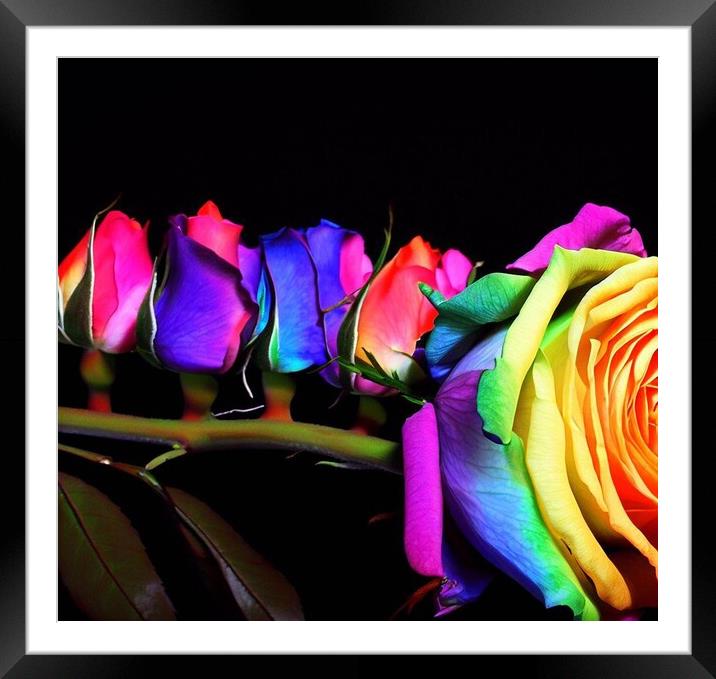 A stunning rainbow rose with a black back ground  Framed Mounted Print by Paddy 