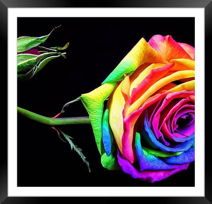 A rainbow rose with a black background  Framed Mounted Print by Paddy 
