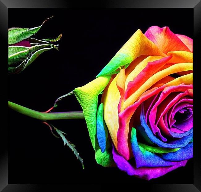 A rainbow rose with a black background  Framed Print by Paddy 