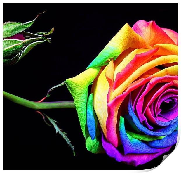 A rainbow rose with a black background  Print by Paddy 