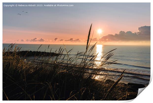 Warm Sunrise at Potters Resort, Hopton-on-Sea Print by Rebecca Abbott
