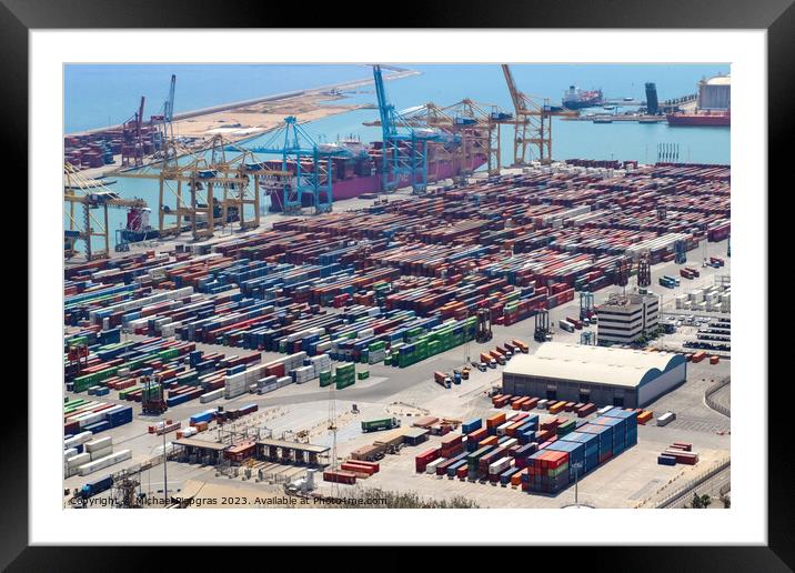 Aerial View of the industrial port of Barcelona on a sunny summer day Framed Mounted Print by Michael Piepgras