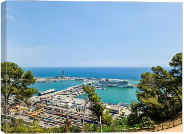 Aerial View of the industrial port of Barcelona on a sunny summer day. Canvas Print by Michael Piepgras