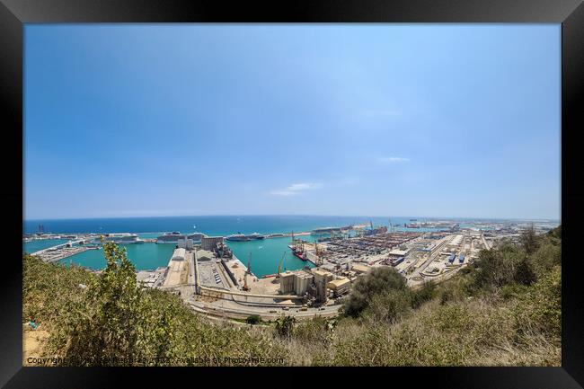 Aerial View of the industrial port of Barcelona on a sunny summer day. Framed Print by Michael Piepgras