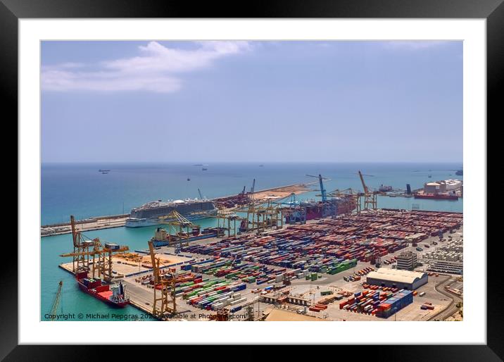 Aerial View of the industrial port of Barcelona on a sunny summer day. Framed Mounted Print by Michael Piepgras
