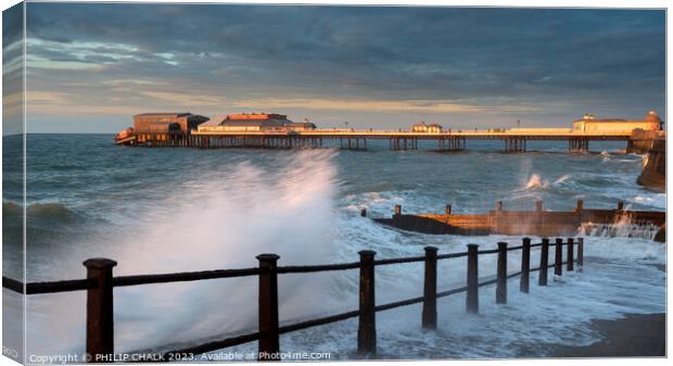 Cromer pier sunset with crashing waves 917 Canvas Print by PHILIP CHALK