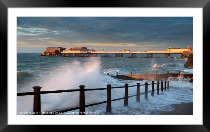 Cromer pier sunset with crashing waves 917 Framed Mounted Print by PHILIP CHALK