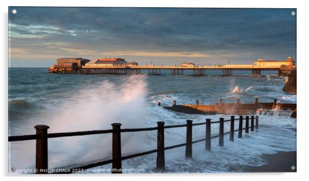 Cromer pier sunset with crashing waves 917 Acrylic by PHILIP CHALK