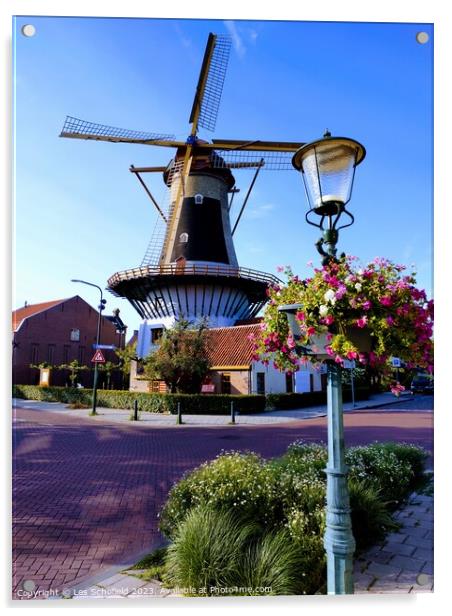 Windmill in wassaner Netherlands  Acrylic by Les Schofield