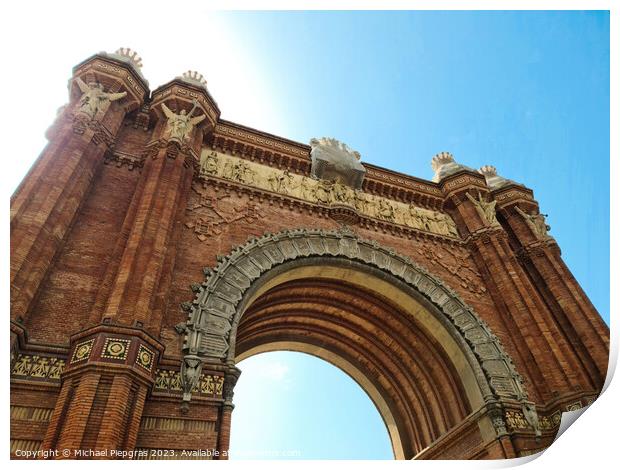Barcelona, Spain - 22 July 2023: The Arc de Triomf in Barcelona on a sunny day with some tourists Print by Michael Piepgras