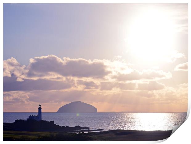 Turnberry lighthouse and Ailsa Craig as sun sets Print by Allan Durward Photography