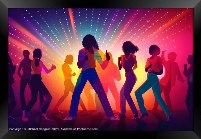 People dancing in an 80s disco created with generative AI techno Framed Print by Michael Piepgras