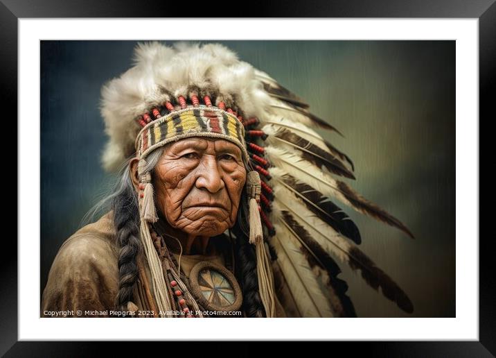 Impressive Indian Chief portrait created with generative AI tech Framed Mounted Print by Michael Piepgras