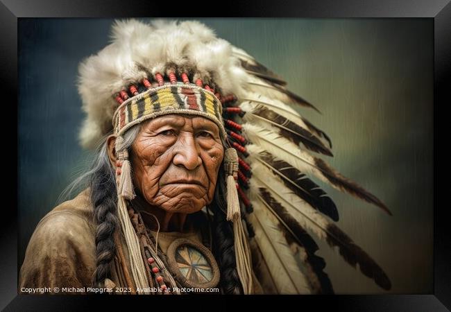 Impressive Indian Chief portrait created with generative AI tech Framed Print by Michael Piepgras