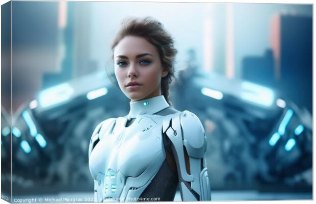 A beautiful female cyborg in front of a futuristic city created  Canvas Print by Michael Piepgras