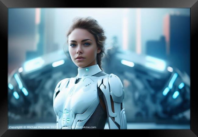 A beautiful female cyborg in front of a futuristic city created  Framed Print by Michael Piepgras