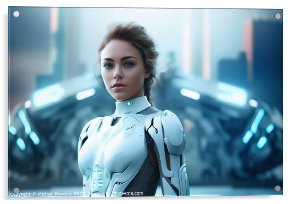 A beautiful female cyborg in front of a futuristic city created  Acrylic by Michael Piepgras
