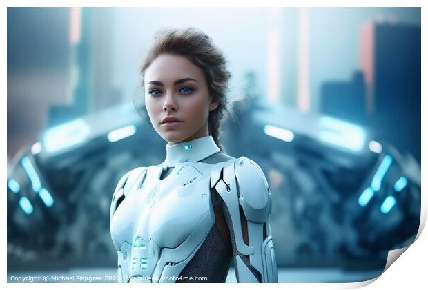 A beautiful female cyborg in front of a futuristic city created  Print by Michael Piepgras