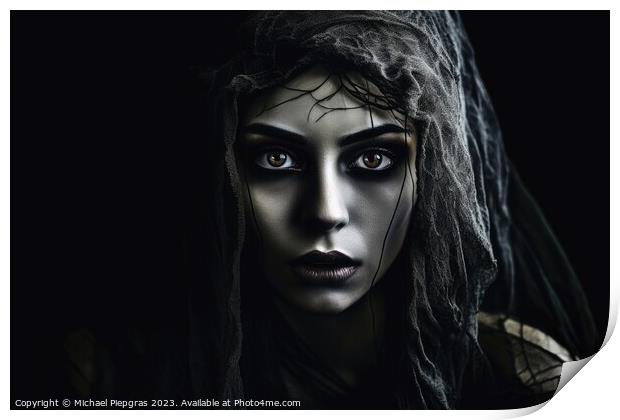 A creepy woman with a dark spooky make up created with generativ Print by Michael Piepgras