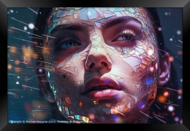 Close up of a beautiful cyberspace female face in a chaotic surr Framed Print by Michael Piepgras