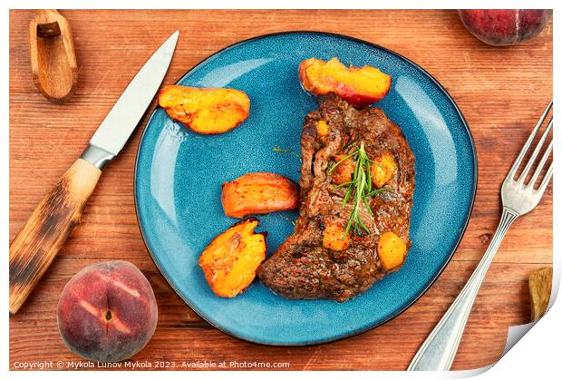 Roasted meat beef steak with peach. Print by Mykola Lunov Mykola